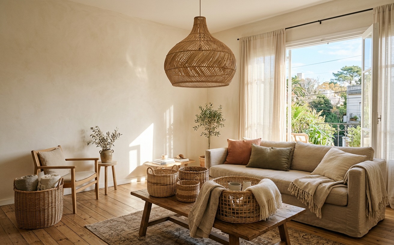 Salón contemporáneo en Montevideo decorado con lámpara de fibra de butiá y canastos de mimbre Willowry